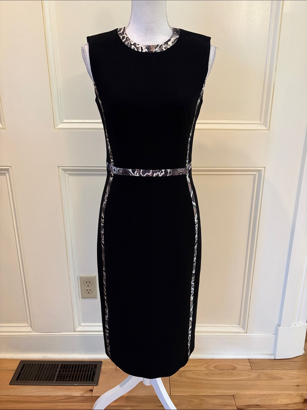 Judith & Charles Black Sheath Dress with Subtle Snake-Print Piping